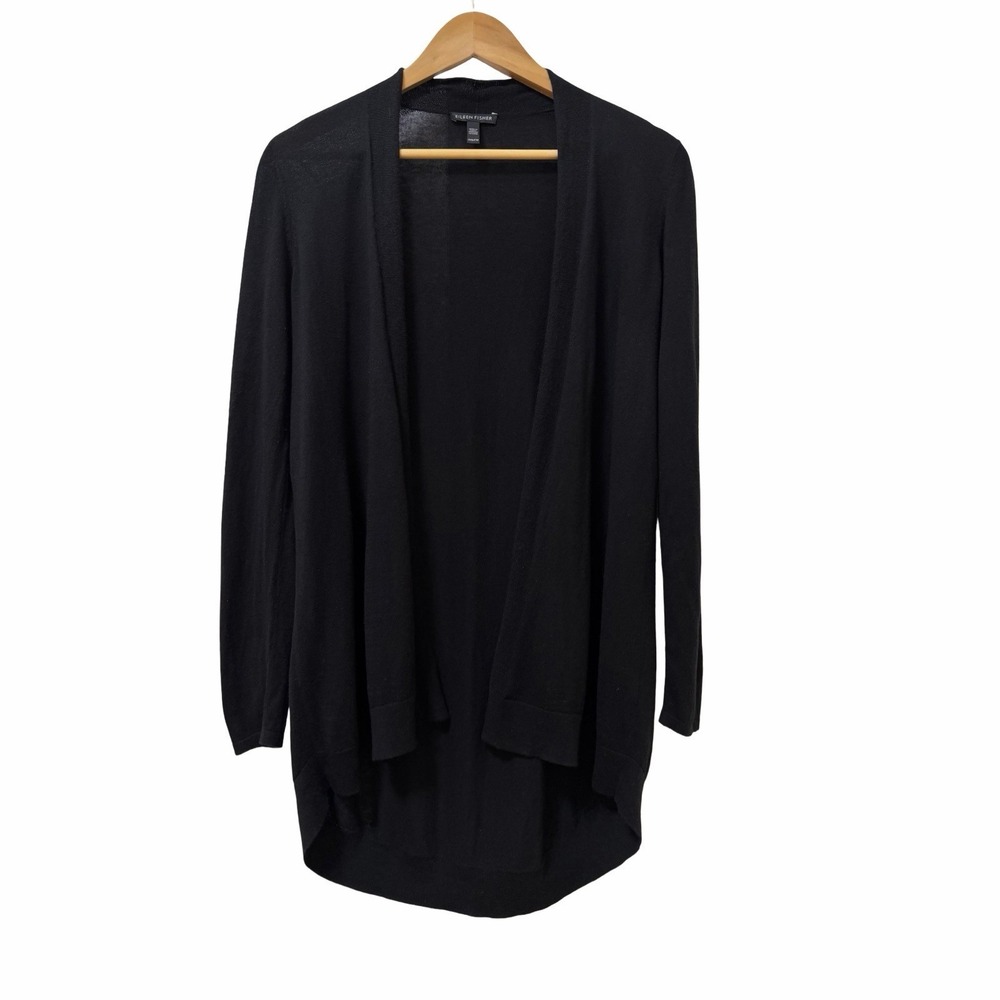 Eileen‎ Fisher Womens Cotton Silk Long Open Cardigan Size XXS Black Minimalist